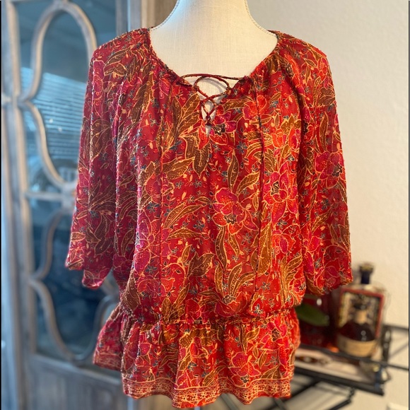 DR2 Tops - DR2 Blouse Bell Sleeve Orange Muti Peplum Bottom Semi Sheer Lightweight